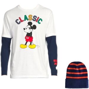 NWT DISNEY©MICKEY MOUSE MEN'S LONG SLEEVE GRAPHIC T-SHIRT & BEANIE HAT SET 2XL